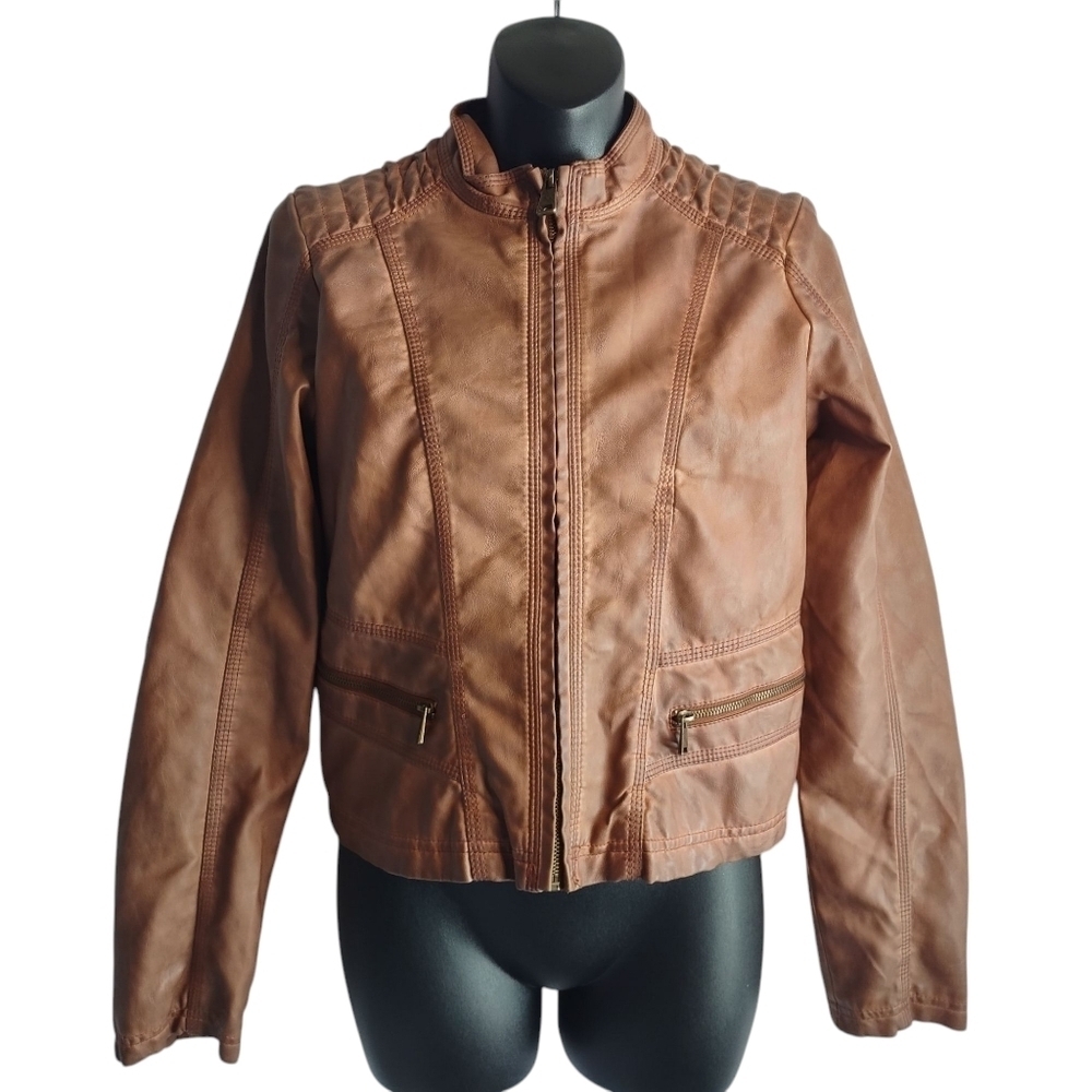 Therapy Women's Brown faux Leather Jacket ZIP Up Pockets Lined Sz M